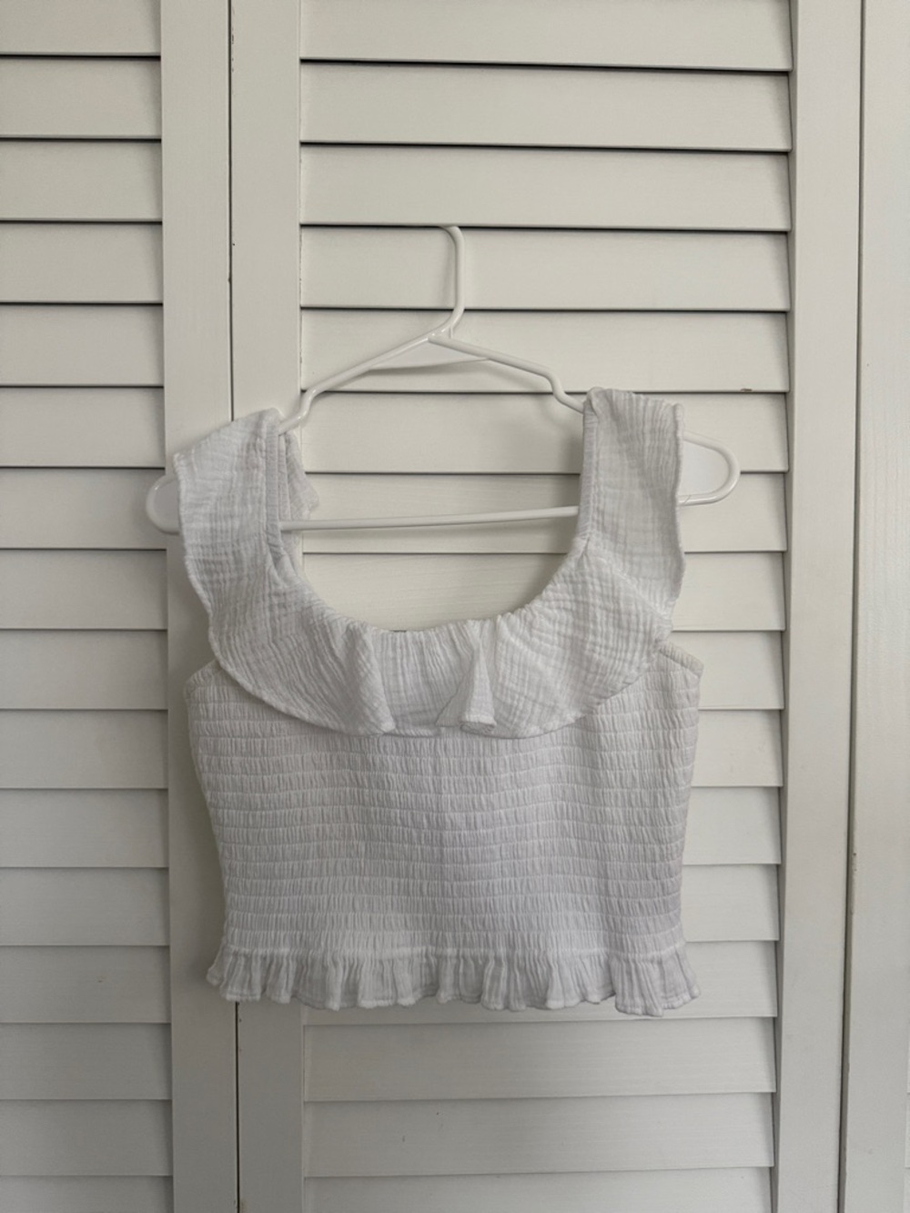 American Eagle Smocked Ruffle Crop Tank Top - White